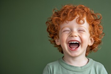 A red haired child boy with curly hair laughing loud isolated over green background.