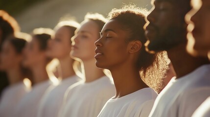 Group of people singing with eyes closed, outdoor harmony