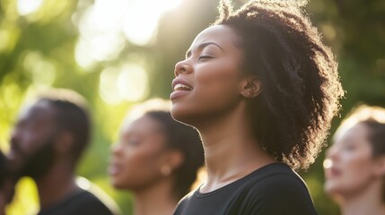 Woman singing in choir outdoors with closed eyes, natural light