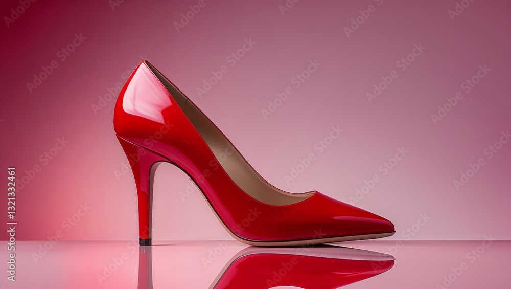 Poster elegant red high heel shoe displayed against a smooth gradient background highlighting its glossy fi