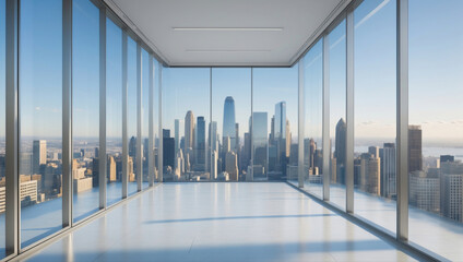 Modern, empty office interior with floor-to-ceiling glass windows showcasing a crystal-clear city skyline of towering skyscrapers. Bright, minimalistic, sunlit