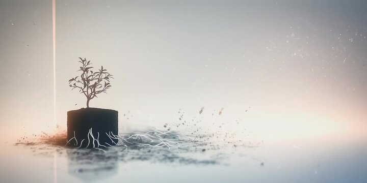 Minimalist cube of Biochar with a plant and roots growing out of it , 3d looping animation digital render,  2:1 Animated Desktop Background