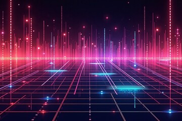 A futuristic digital landscape with neon pink and blue grid lines, glowing data streams, and a cyberpunk-inspired virtual environment.