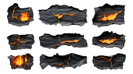Abstract collection of torn paper pieces burning isolated on transparent background