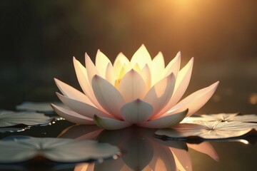 A serene lotus flower in full bloom, floating on calm water, illuminated by warm sunlight, symbolizing peace, purity, and spiritual awakening.