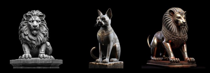 Three animal statues including two lions and a dog, crafted from stone and metal, are displayed on pedestals against a stark black backdrop.