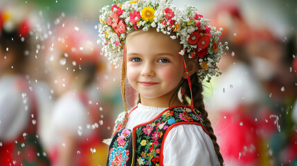 Poland&rsquo;s Vibrant Dyngus Day: Children in Traditional Folk Costumes with Flower Headdresses Enjoying Water Splash Festivities
