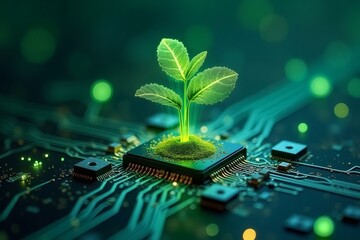 A glowing green plant growing from a microchip, symbolizing the fusion of technology and nature, sustainable innovation, and the future of bio-digital ecosystems.