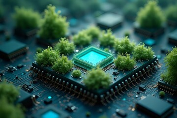 A futuristic concept of sustainable technology, depicting a microchip with lush green trees growing on it, symbolizing eco-friendly computing and the fusion of nature with technology.