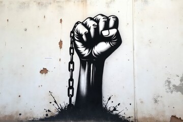 A powerful black-and-white mural of a raised fist breaking free from chains, symbolizing resistance, freedom, and empowerment. The cracked wall adds to the raw, rebellious aesthetic of the artwork.