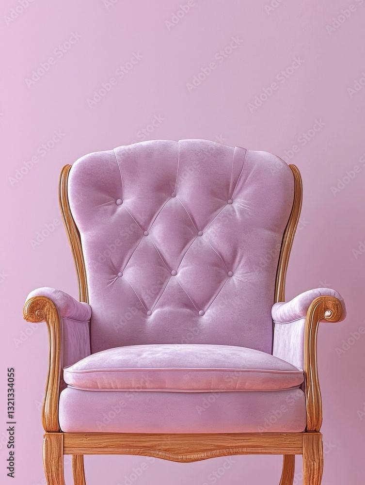 Poster the image is of a wooden armchair with a tufted backrest. the chair is upholstered in a soft pink fa