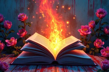 A mystical open book emitting flames, symbolizing knowledge, forbidden wisdom, or the power of words. Surrounded by blooming flowers, the scene blends magic, mystery, and transformation.