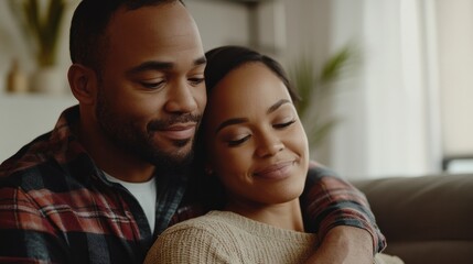 Fototapeta premium African couple relaxing embrace in cozy living room setting.