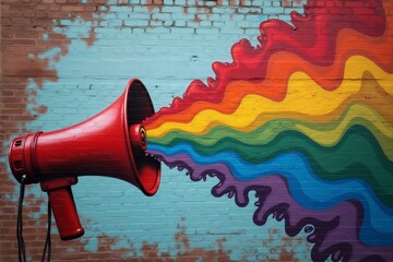 A vibrant mural depicting a red megaphone blasting a colorful rainbow wave, symbolizing freedom of expression, diversity, and creativity. The artwork conveys a strong social and cultural message.