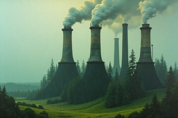 A surreal image of industrial smokestacks rising from a lush green forest, emitting thick pollution. The contrast highlights environmental destruction and the impact of industrialization on nature.