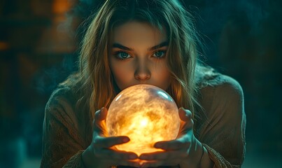 Naklejka premium a woman holding a glowing orb.