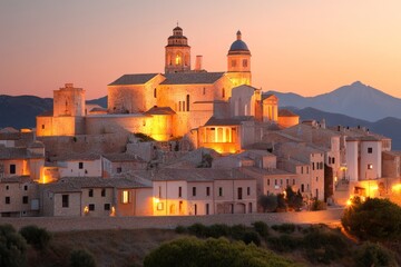 Fototapeta premium Hilltop village illuminated at dusk with historic architecture and mountains in the background