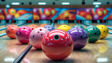 A dynamic bowling alley scene featuring vibrant balls in red, pink, purple, yellow and green. Shiny surfaces reflect lights in a photorealistic setting