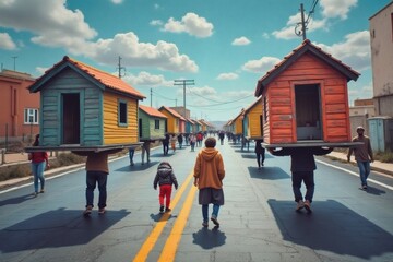 A surreal image of people walking down a street while carrying small, colorful wooden houses on their heads. The scene conveys themes of migration, displacement, and the search for home
