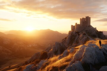 Fototapeta premium Scenic sunset view of an ancient castle atop a rocky hill surrounded by golden grass in the countryside