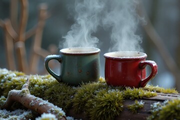 Two steaming mugs of hot drink rest on a mossy log covered in frost. A cozy winter scene in the forest, evoking warmth, comfort, and the beauty of nature.