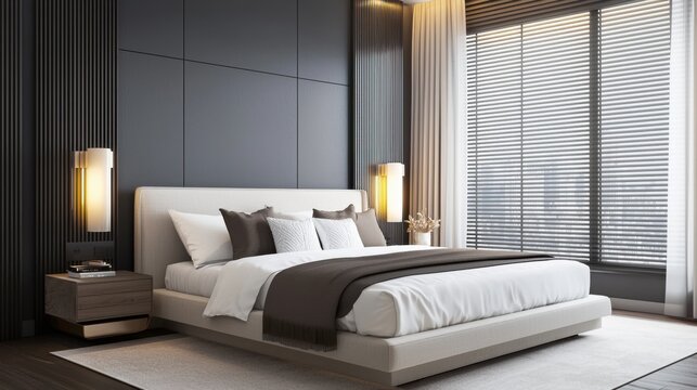 Minimalist neoclassical bedroom, smoky gray walls, soft linen bed, sculptural nightstands, roman blinds, warm lighting, tranquil sophistication