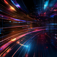 Fototapeta premium Colorful neon light trails in blue red and orange streak across a dark digital background creating a sense of futuristic speed and motion 