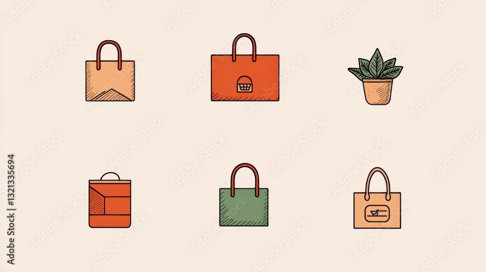 Poster set of six hand-drawn illustrations of different types of shopping bags. the bags are arranged in a 