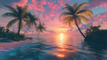 Tropical sunset over calm beach with palm trees and vivid colorful sky