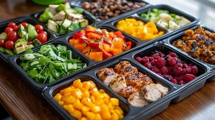 A colorful assortment of healthy meal prep containers featuring various vegetables, fruits, and proteins, neatly arranged for convenient dining.