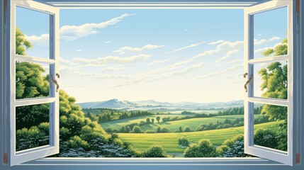 Fototapeta premium Open Window Overlooking Lush Green Landscape With Rolling Hills Under a Peaceful Sky and Clouds