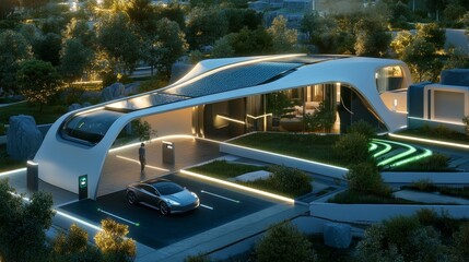 Futuristic smart home with sleek solar panels, electric car charging, and green landscaping, representing the future of renewable energy