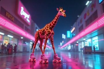 A whimsical and surreal artwork featuring a giraffe wearing pink roller skates, gliding down a neon-lit city street at night. A playful and futuristic blend of nature and urban culture.