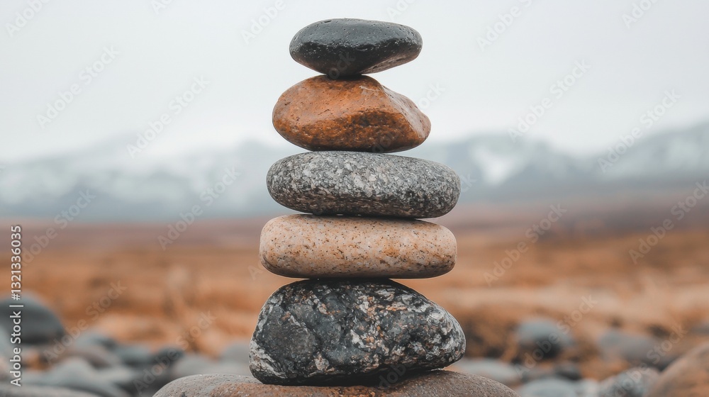 Poster stack of five pebbles arranged in a pyramid-like structure. the stones are of different sizes and co