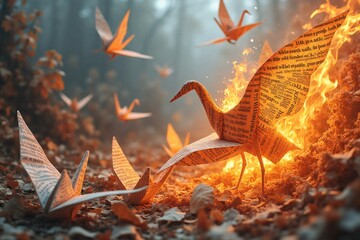 A stunning surreal artwork of origami birds made from newspaper, flying and burning in a mystical forest. A powerful metaphor for transformation, knowledge, and fleeting existence.