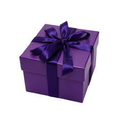 Obraz premium Purple gift box with a shiny ribbon, festive decoration, perfect for celebrations and special occasions, vibrant color. Isolated on white background or PNG