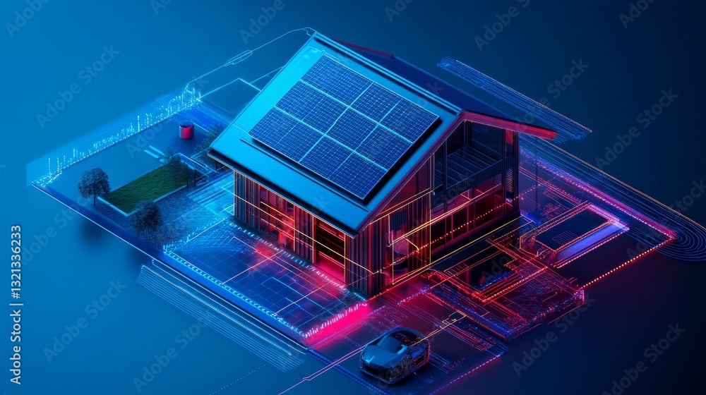 Poster high-tech smart home powered by renewable energy, featuring solar panels and an intelligent automati