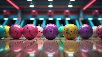 A vibrant bowling alley scene with colorful balls in red, pink, purple, yellow and green. Shiny surfaces reflect lights in a photorealistic scene!