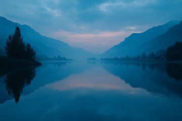 Naklejka premium Serene Mountain Lake at Dusk, Reflections on Tranquil Waterscape