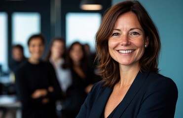 Confident caucasian female leader smiling in office with colleagues.
