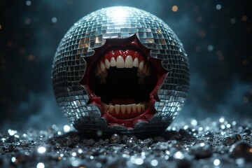 Surreal disco ball with a monstrous mouth, symbolizing wild nightlife and untamed energy