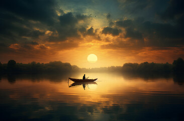 Fototapeta premium Large Body of Water with a Small Boat Floating in It