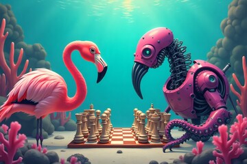A surreal underwater scene where a flamingo plays chess against a robotic, cybernetic flamingo-like machine with tentacle-like limbs. Coral and marine elements add a dreamlike ambiance.