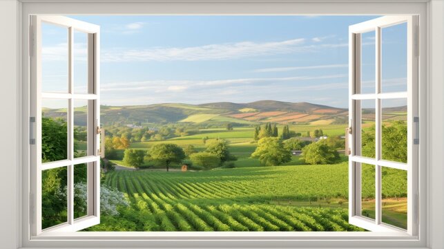 Fototapeta Scenic Vineyard View Through Open Window Frames Landscape Farm Agriculture Blue Sky Countryside