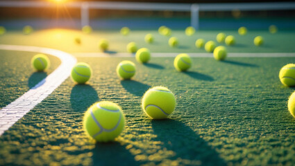 Dynamic tennis scene: tennis balls dispersed on green court with white lines as warm sunlight casts a golden glow and soft shadows on textured grass!