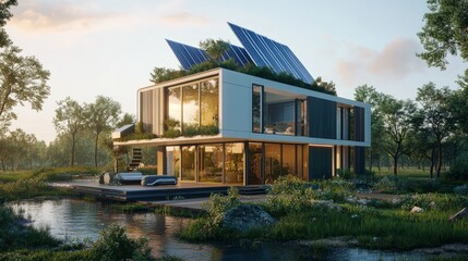 Obraz premium Hyper-modern smart home powered by solar panels, with AI-driven automation, a sustainable energy grid, and a green rooftop garden