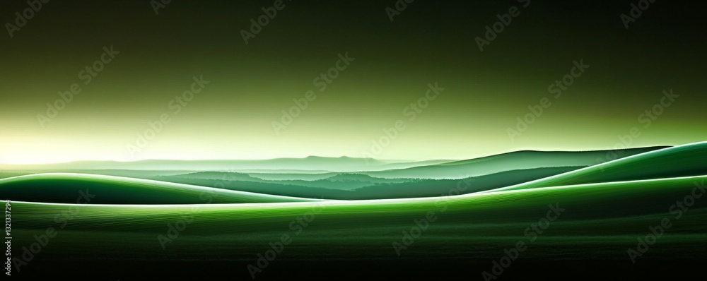 Poster abstract digital art depicting a gradient green landscape with wavy yellow lines creating depth and 