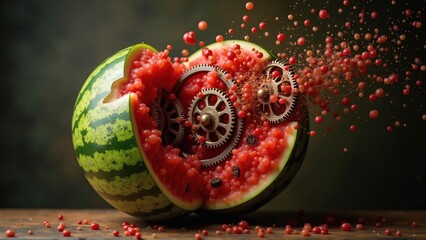 Surreal watermelon with mechanical gears and exploding red spheres, symbolizing the fusion of nature and technology