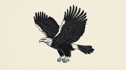 Fototapeta premium Black and white illustration of an eagle in flight. the eagle is in the center of the image, with its wings spread wide and its head turned towards the left side of the frame.