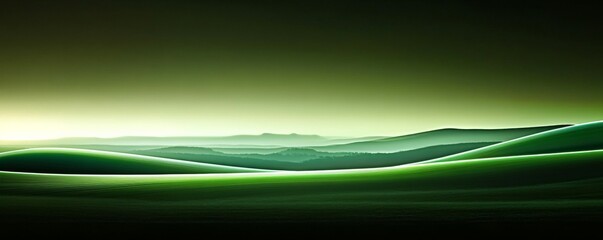 Abstract digital art depicting a gradient green landscape with wavy yellow lines creating depth and movement